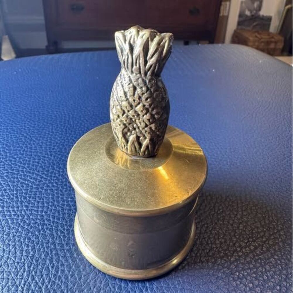 Vintage Hollywood Regency Solid Brass Round Pineapple Lidded Trinket Box 3.75"